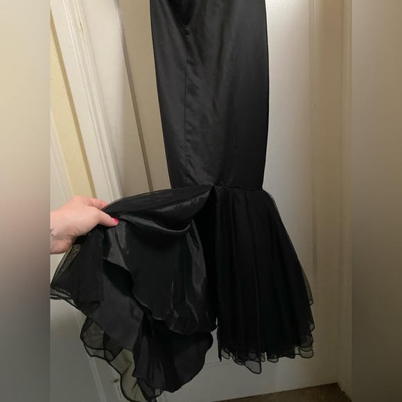 Vintage y2k Black Satin Mermaid Fishtail Evening Gown Prom Dress barbiecore noir - Picture 16 of 17